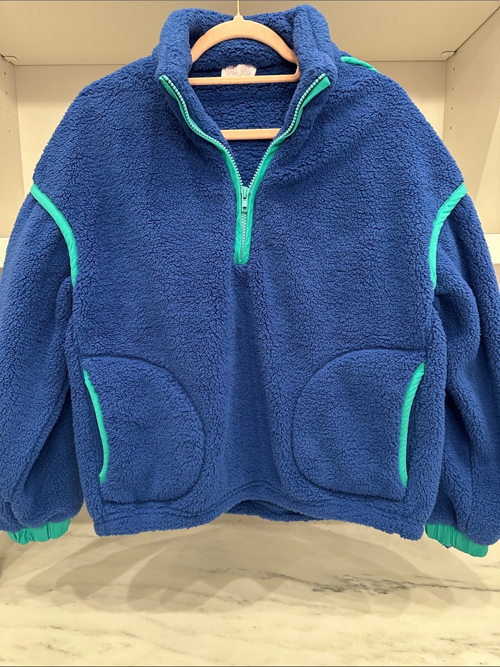 Pink Lily small blue Sherpa three quarter zip pullover.  Great condition